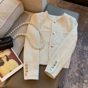 Chic Cream Women's Blazer with Pearl Accents